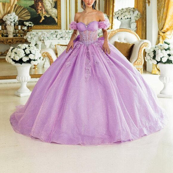 New Off Shoulder Ball Gown w/ Floral Lace Embroidery & Layered Skirt DQ 1985 - Picture 9 of 9